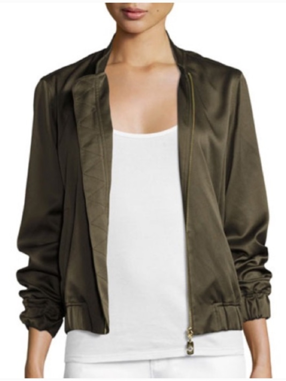 Michael Kors Satin Bomber Jacket in Olive